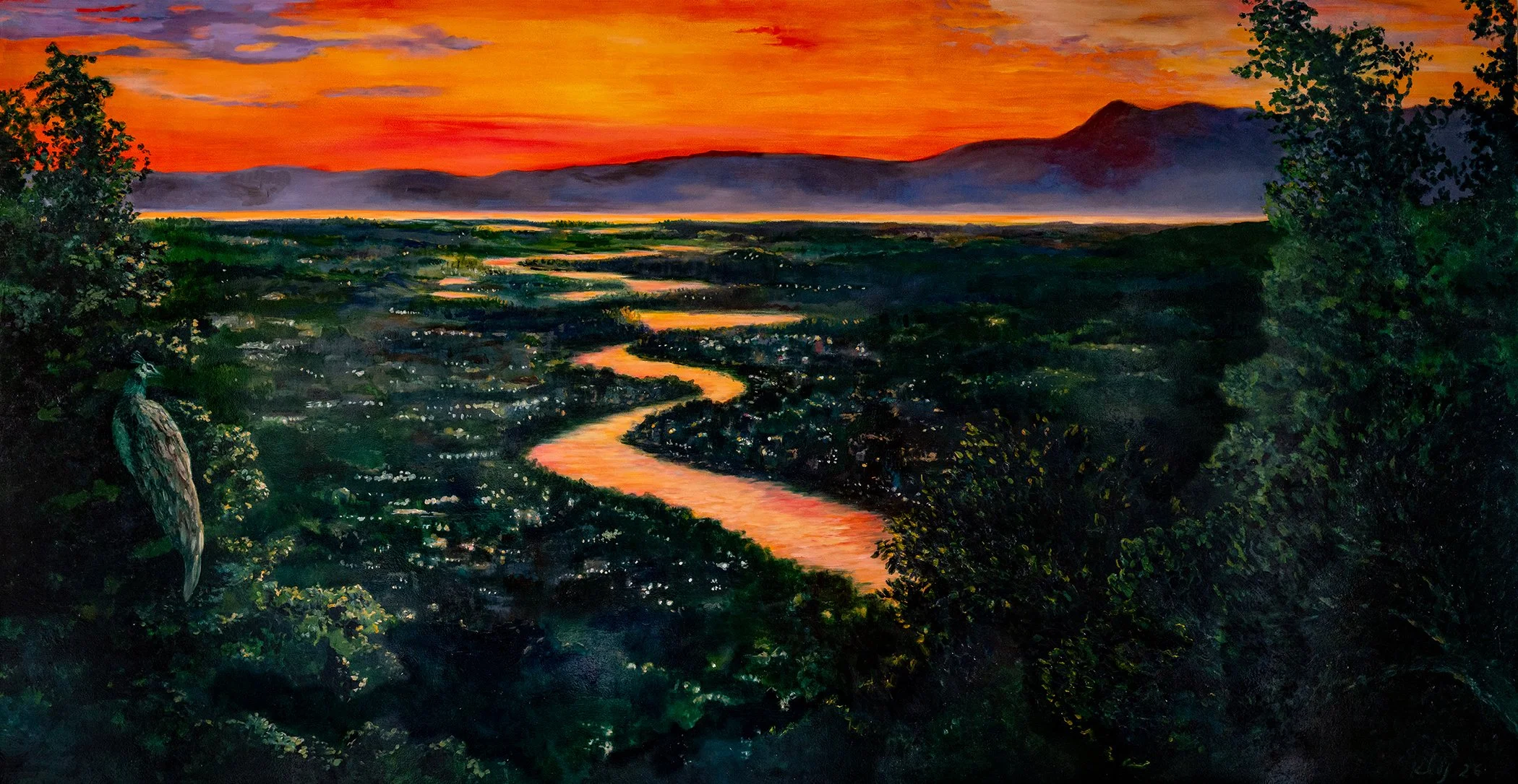 River of Light, a 42 x 80 inch oil painting of the Napa River glowing orange at sunset, winding through the valley toward a ridge with Mt. Tamalpais, with a peahen perched in an oak at left.