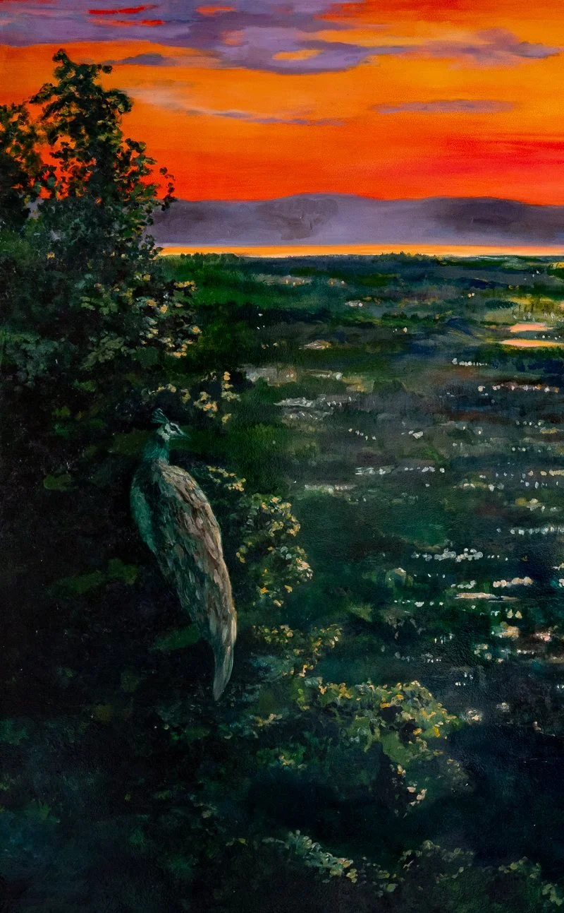 Detail of the painting showing Myrtle the peahen perched in dark oak branches