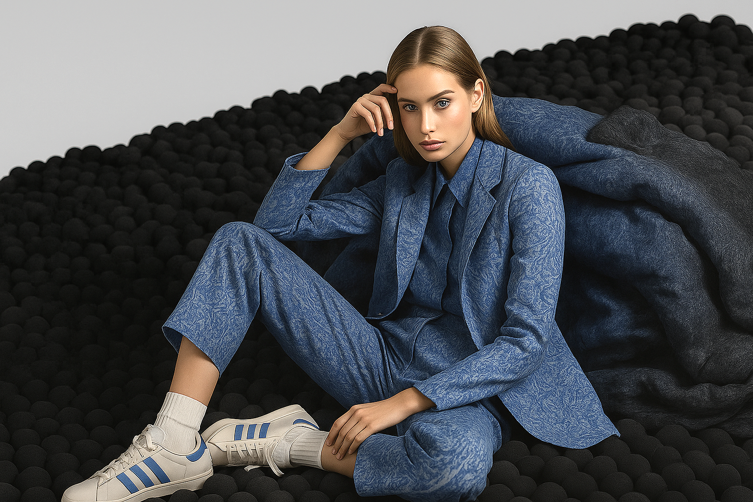 Campanha de moda para uma marca catarinense mostrando uma mulher de cabelos longos, vestindo um terno azul e tênis brancos, sentada sobre uma superfície preta texturizada.
