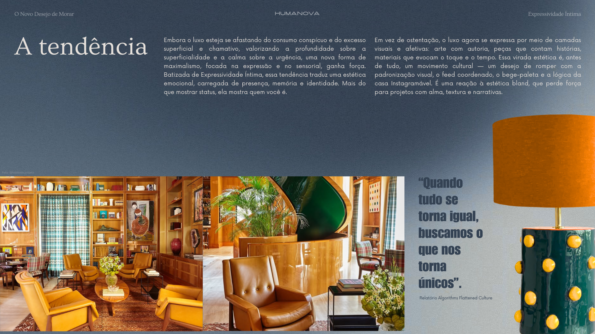 Página da pesquisa sobre tendências de decoração de interiores na arquitetura brasileira de luxo, com imagens de uma sala de estar decorada com móveis de couro bege, livros, obras de arte, plantas e uma luminária laranja.