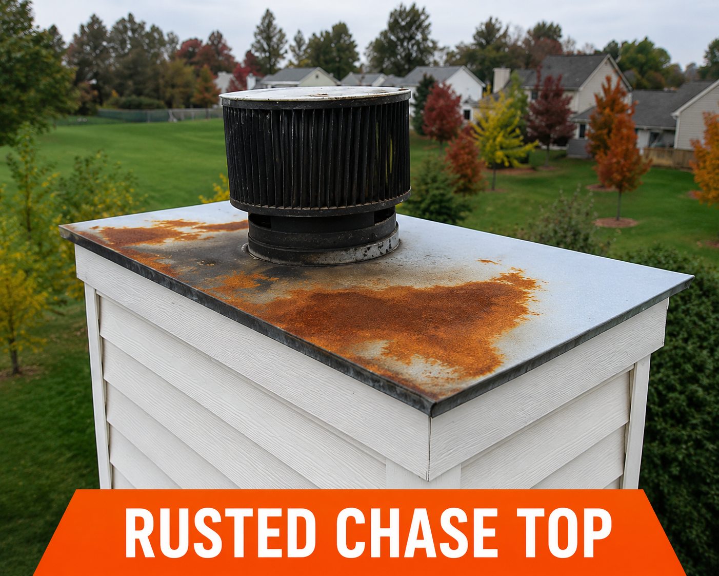 Close-up image of a metal chimney cap with rust stains on the top, installed on a white house, with background of colorful autumn trees and neighboring houses.