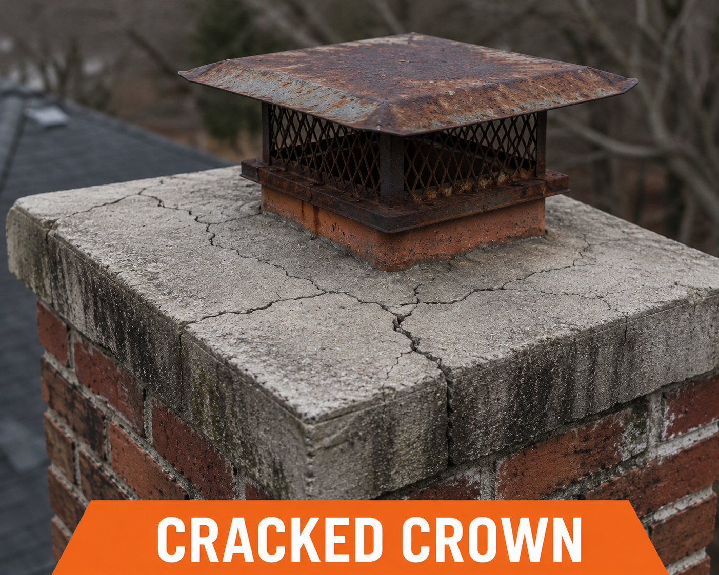 Brick chimney with damaged cracked crown and rusted metal chimney cap requiring repair.