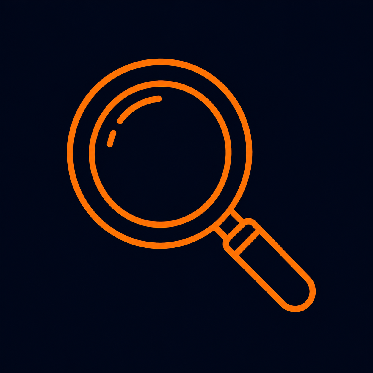 Neon orange magnifying glass icon on black background.