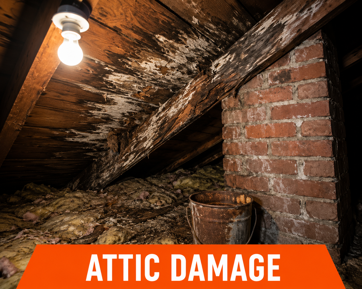 Attic with damaged, water stained wooden beams, rubble on the floor, brick chimney, and an exposed lightbulb.