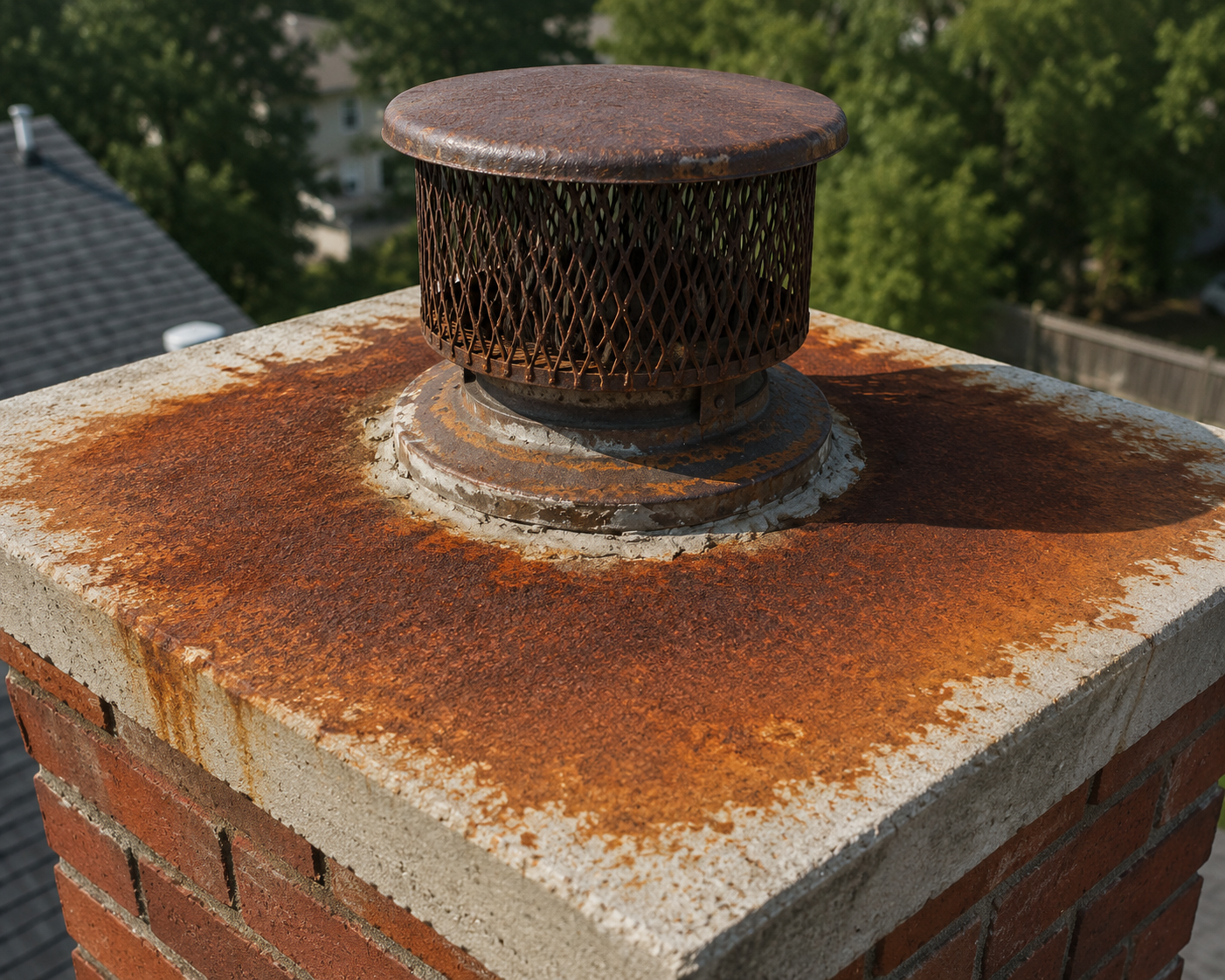 Close-up of a rusty chimney cap on a brick chimney with rust stains and peeling paint, surrounded by green trees in the background.