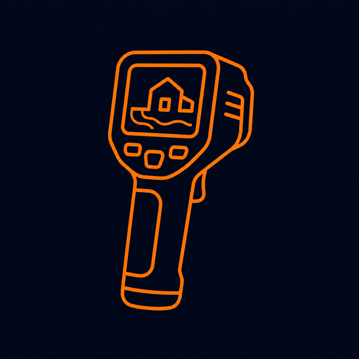 Neon outline of a handheld GPS device with a screen showing a map with a house icon and water.