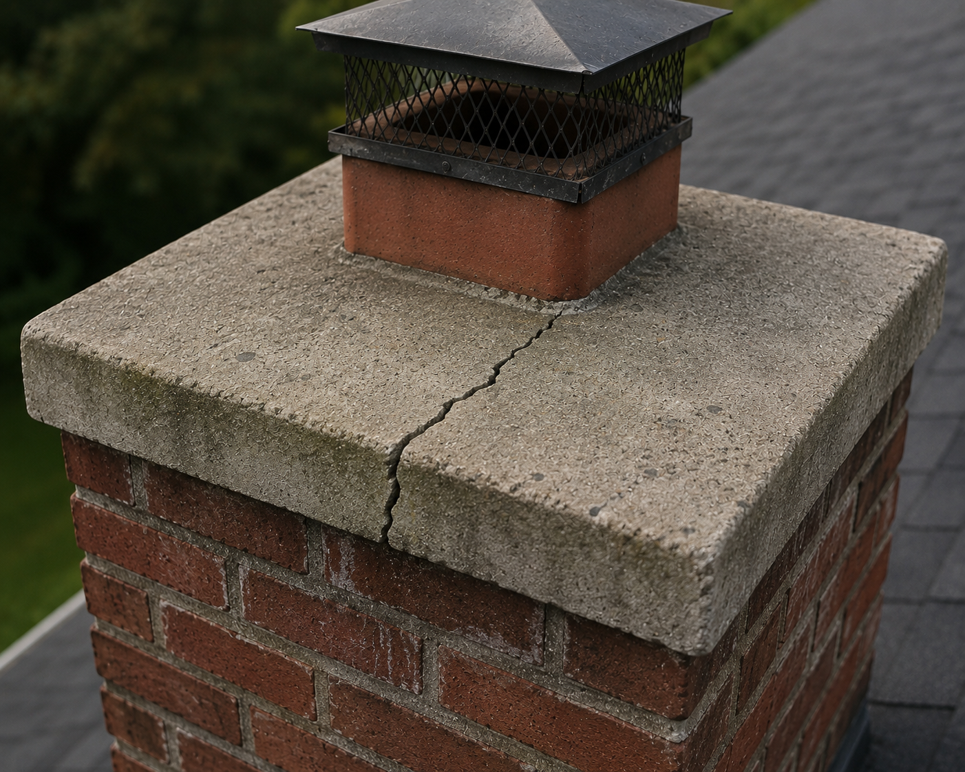 A brick chimney with a concrete cap and a crack running down the middle. A metal and mesh chimney cap on top.
