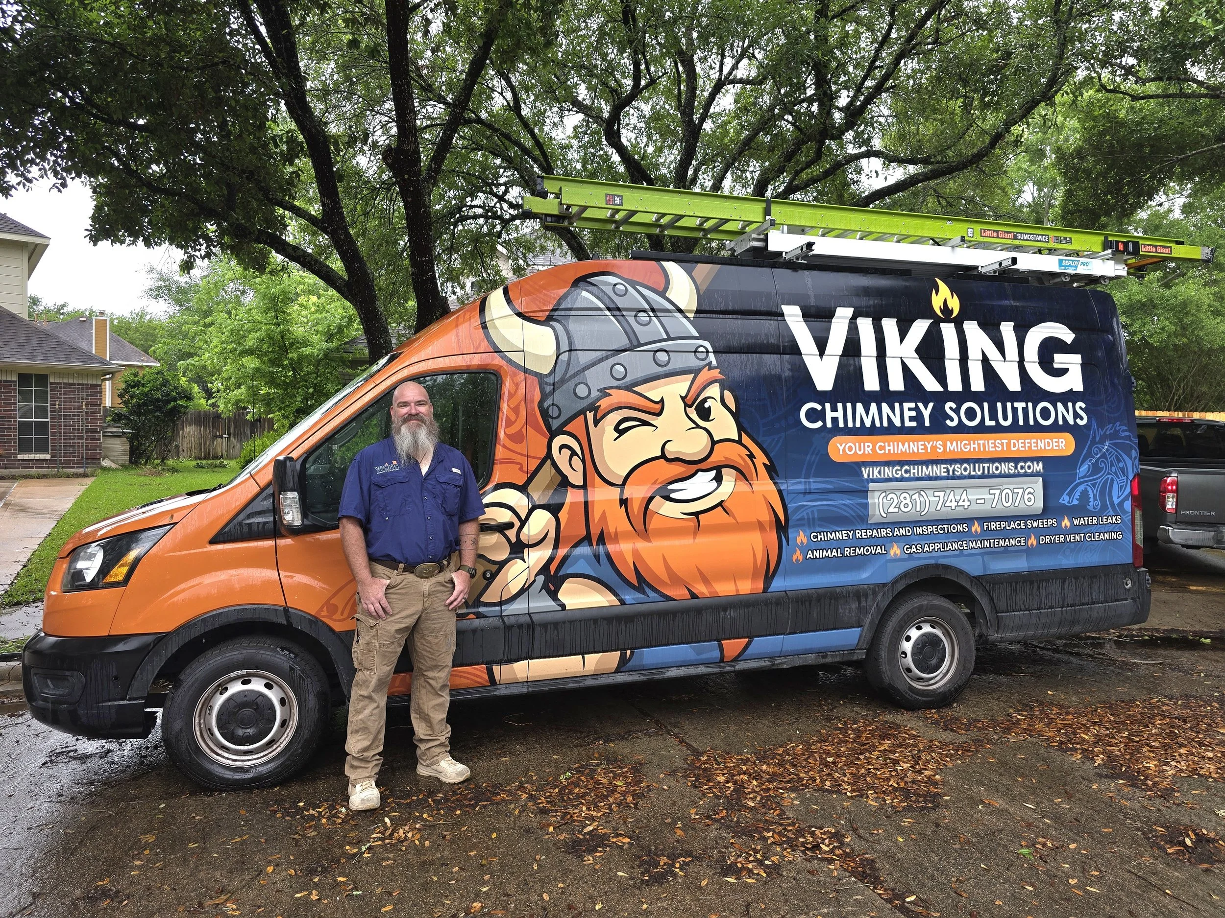 Craig Dornak beside the Viking Chimney Solutions service van in the Sugar Land, Texas service area