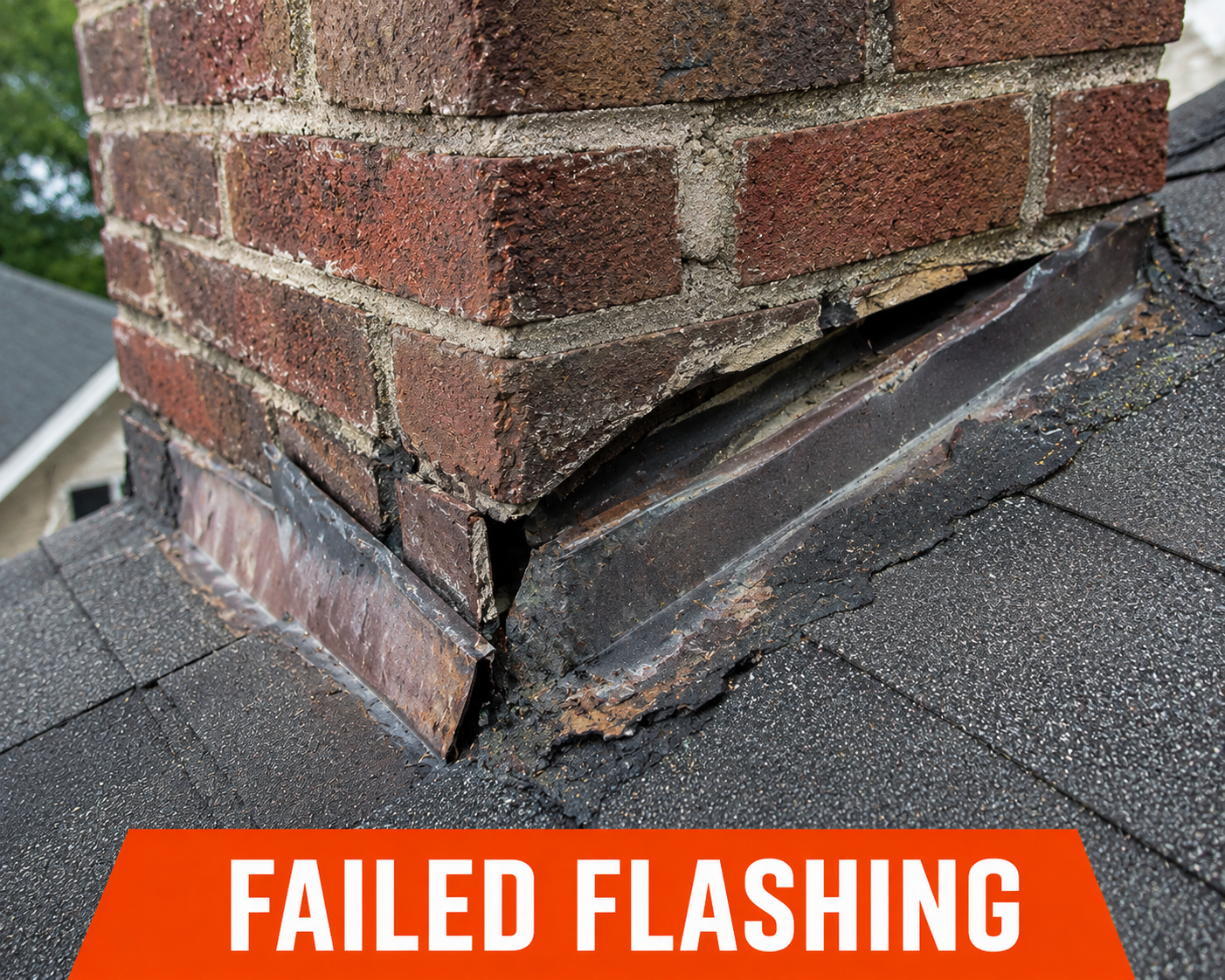 Close-up of a brick chimney with a failed flashing around the base, showing deterioration and damage to the flashing material.