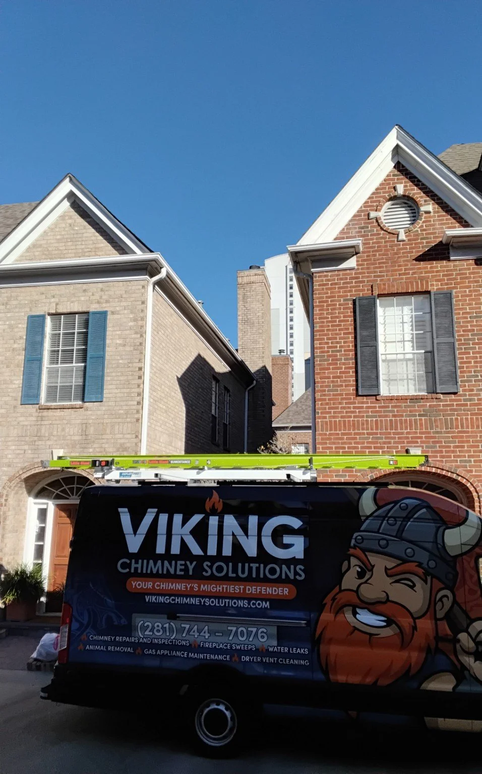 Viking Chimney Solutions service van at a residential chimney service appointment.