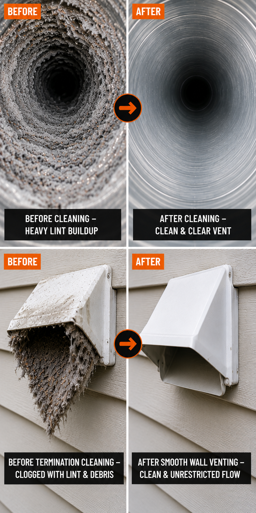 Comparison of before and after cleaning results showing a heavily congested vent with lint buildup and debris versus a clear vent, highlighting the effectiveness of cleaning; and a clogged lint vent cover and a clean, smooth vent cover, demonstrating improved airflow.