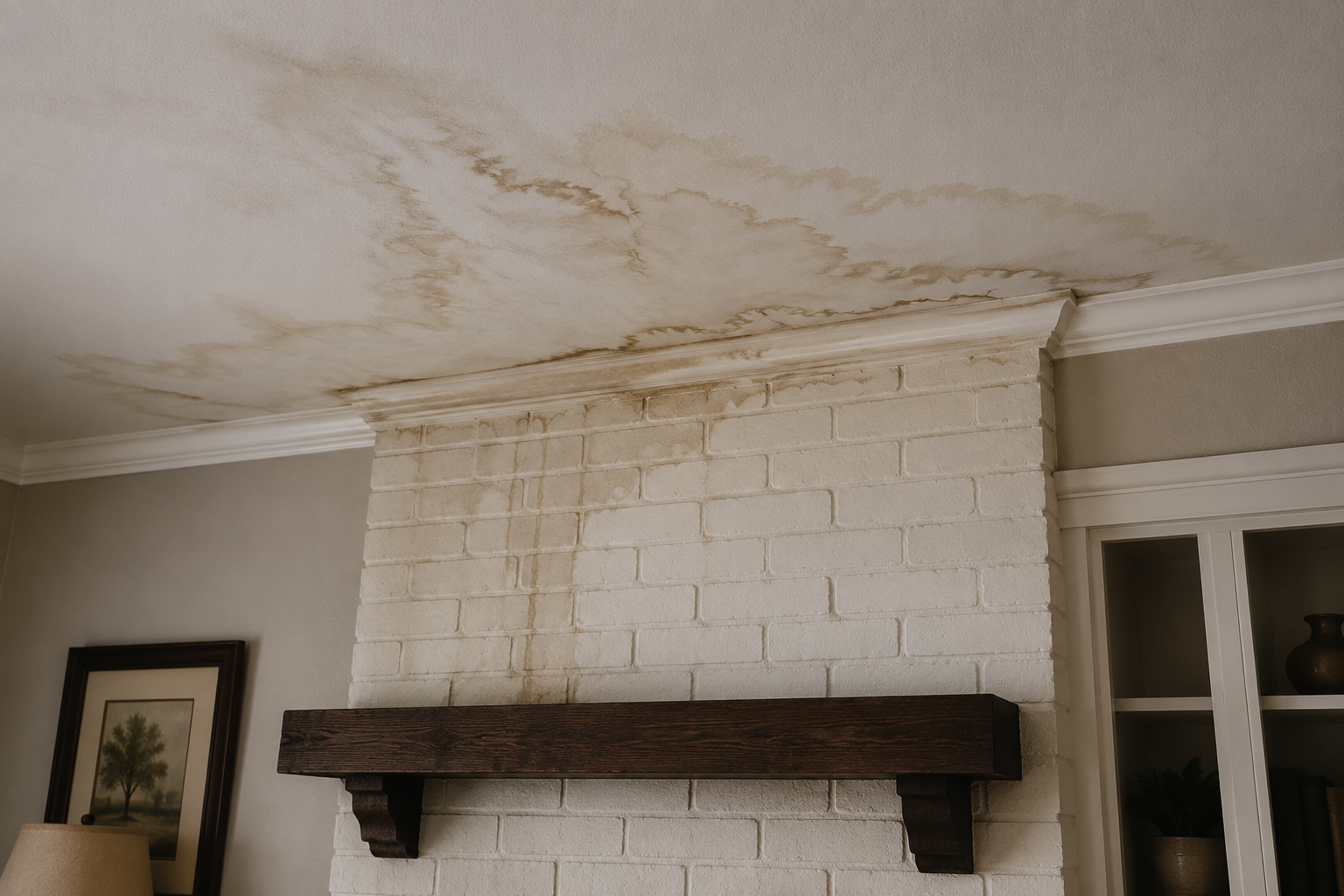 Ceiling with water stains above a white brick fireplace and wooden mantel in a living room.