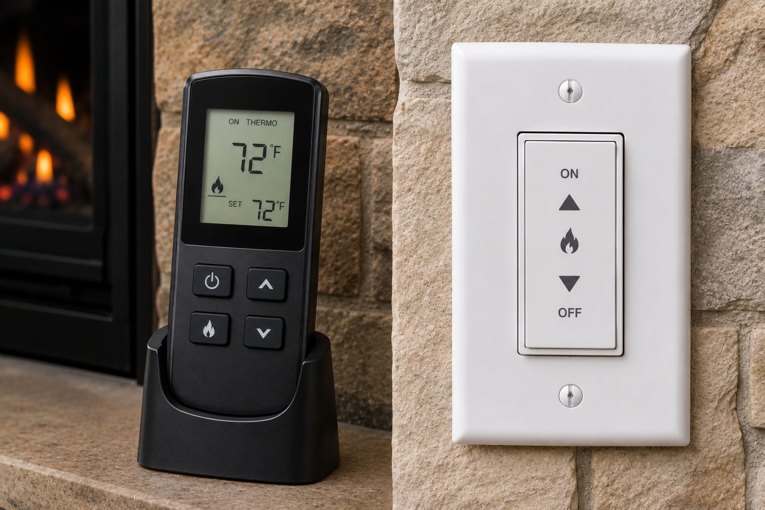 A digital thermostat showing 72°F and a traditional light switch with on and off buttons, mounted on a brick wall beside a fireplace.