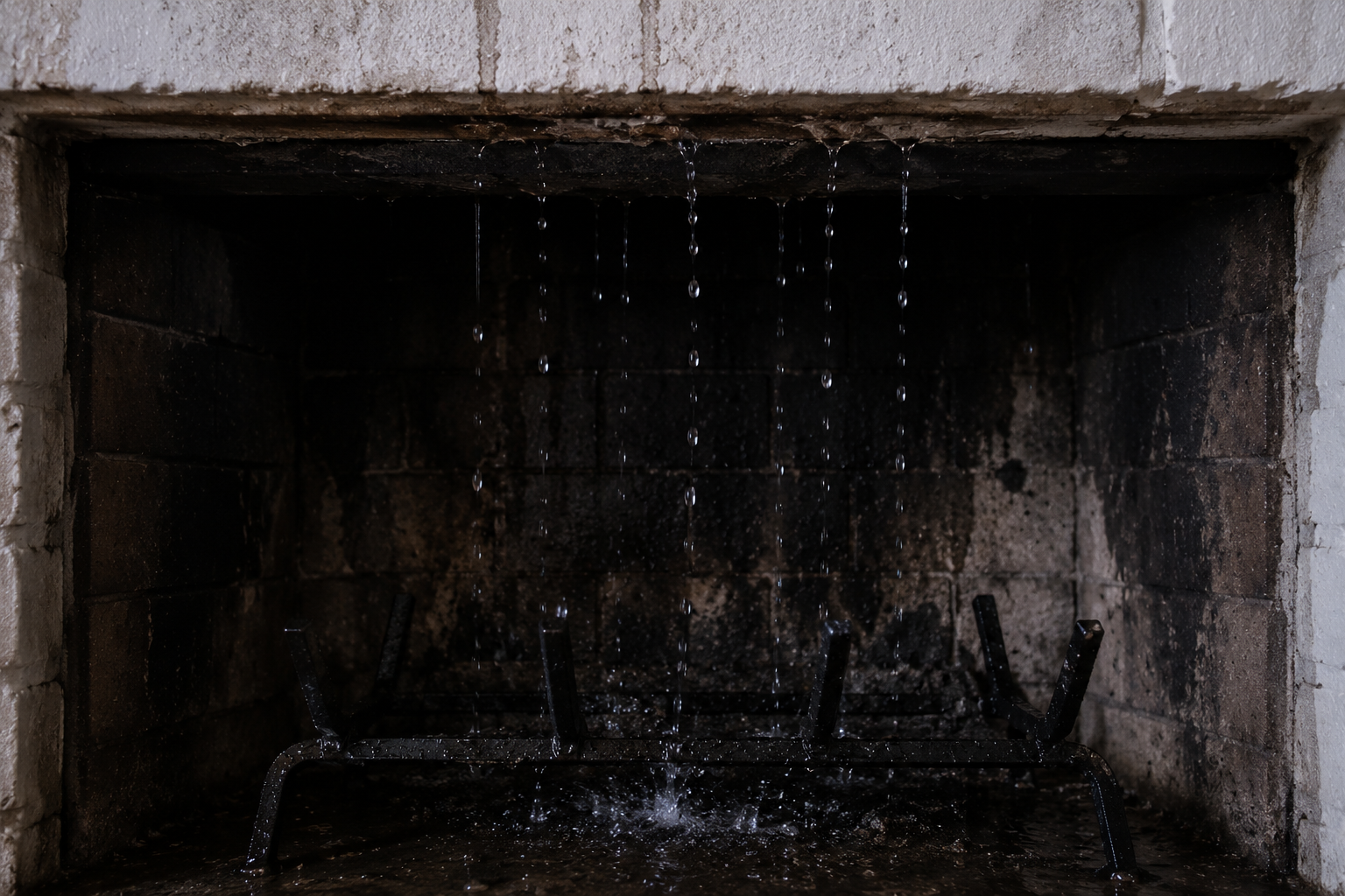 Indoor fireplace with water dripping from above, blackened interior, and black metal grate inside.