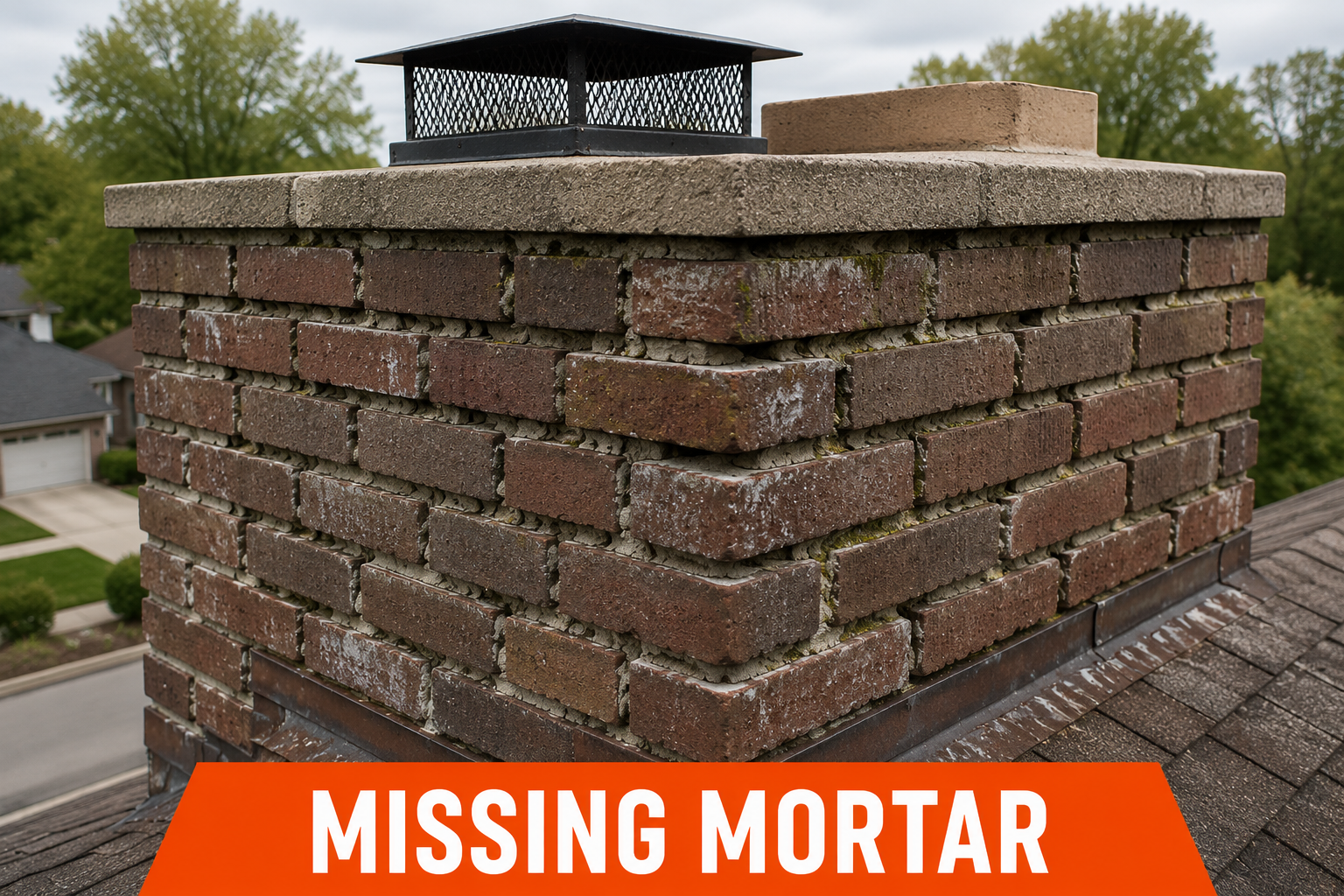 Close-up view of a brick chimney with a missing mortar joint, with an orange banner at the bottom reading 'MISSING MORTAR'.