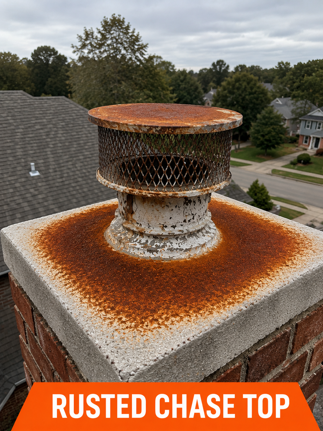 Rusted chase top that can lead to leaks inside home