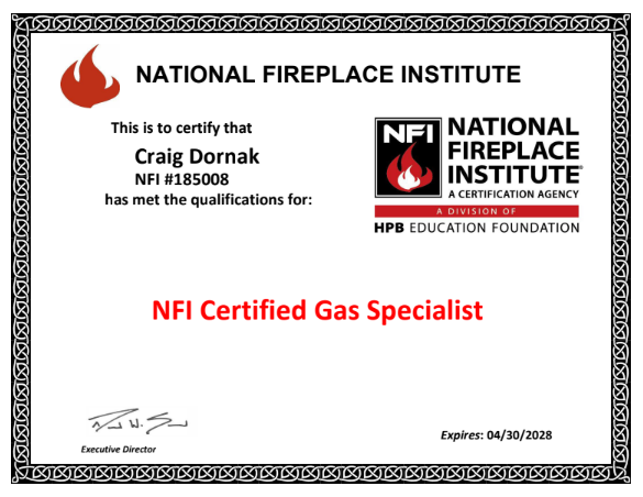 Certificate from the National Fireplace Institute certifying Craig Dornak as an NFI Certified Gas Specialist, with expiration date April 30, 2028.