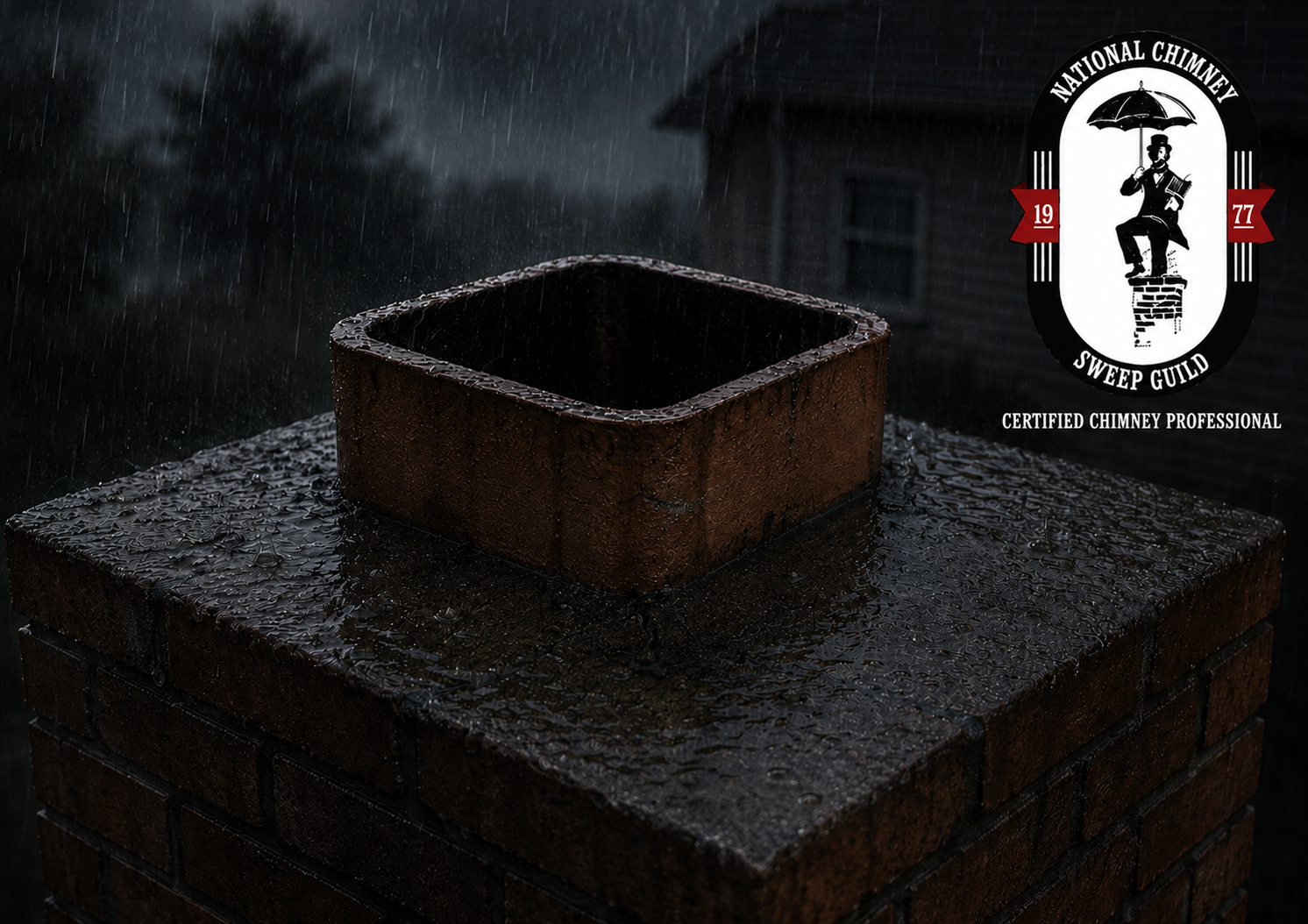 A wet brick chimney cap with rainwater dripping off, and a logo of the National Chimney Sweep Guild, Certified Chimney Professional, featuring a chimney sweep holding an umbrella, on a dark rainy night.