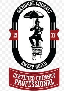 Logo for the National Chimney Sweep Guild featuring a chimney sweep holding an umbrella, with text indicating certification and professionalism, dated 1977.