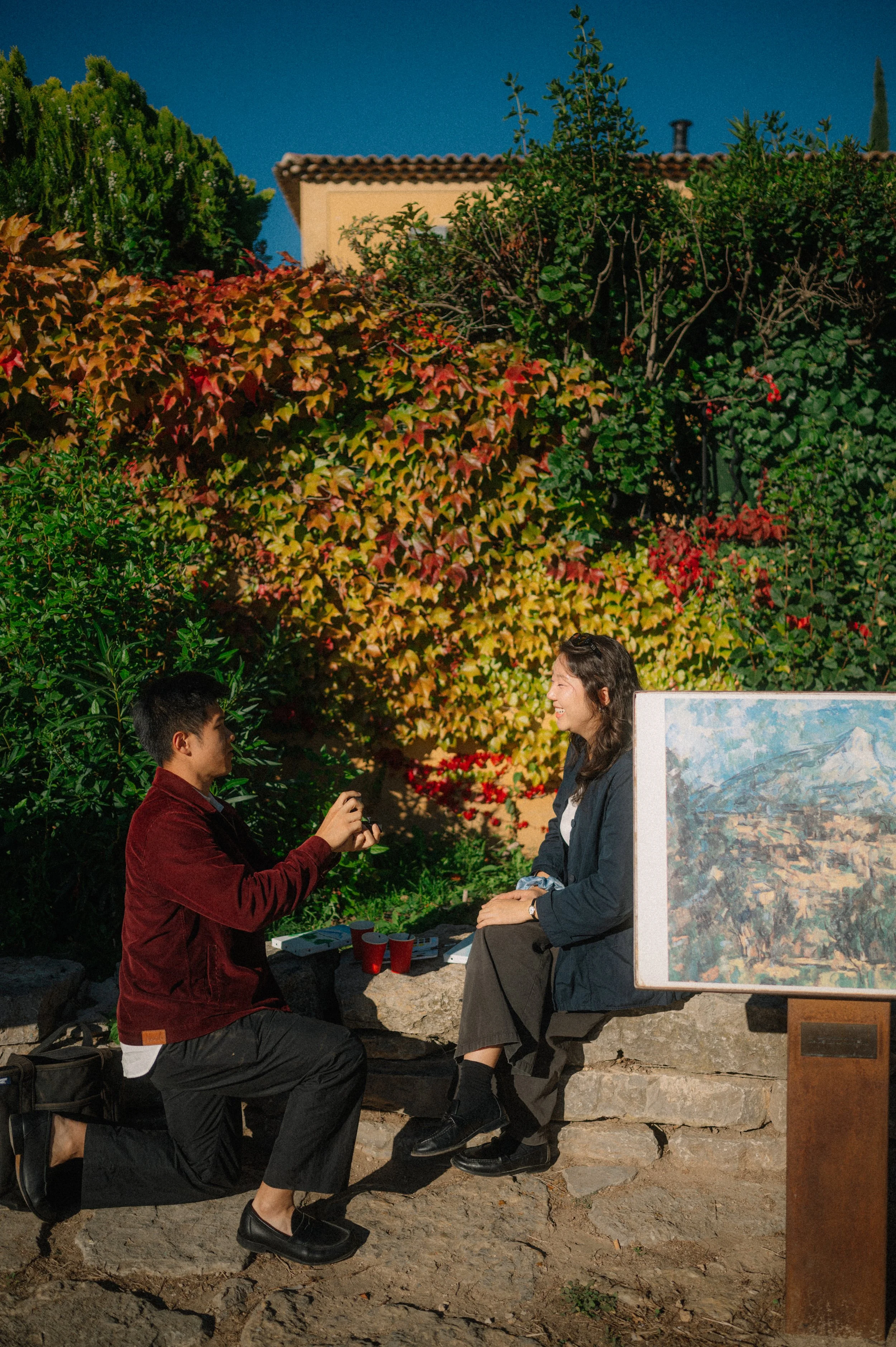 A young man proposing to a woman sitting on a stone step outdoors at night, with colorful bushes and a house in the background, and a framed painting on an easel nearby.