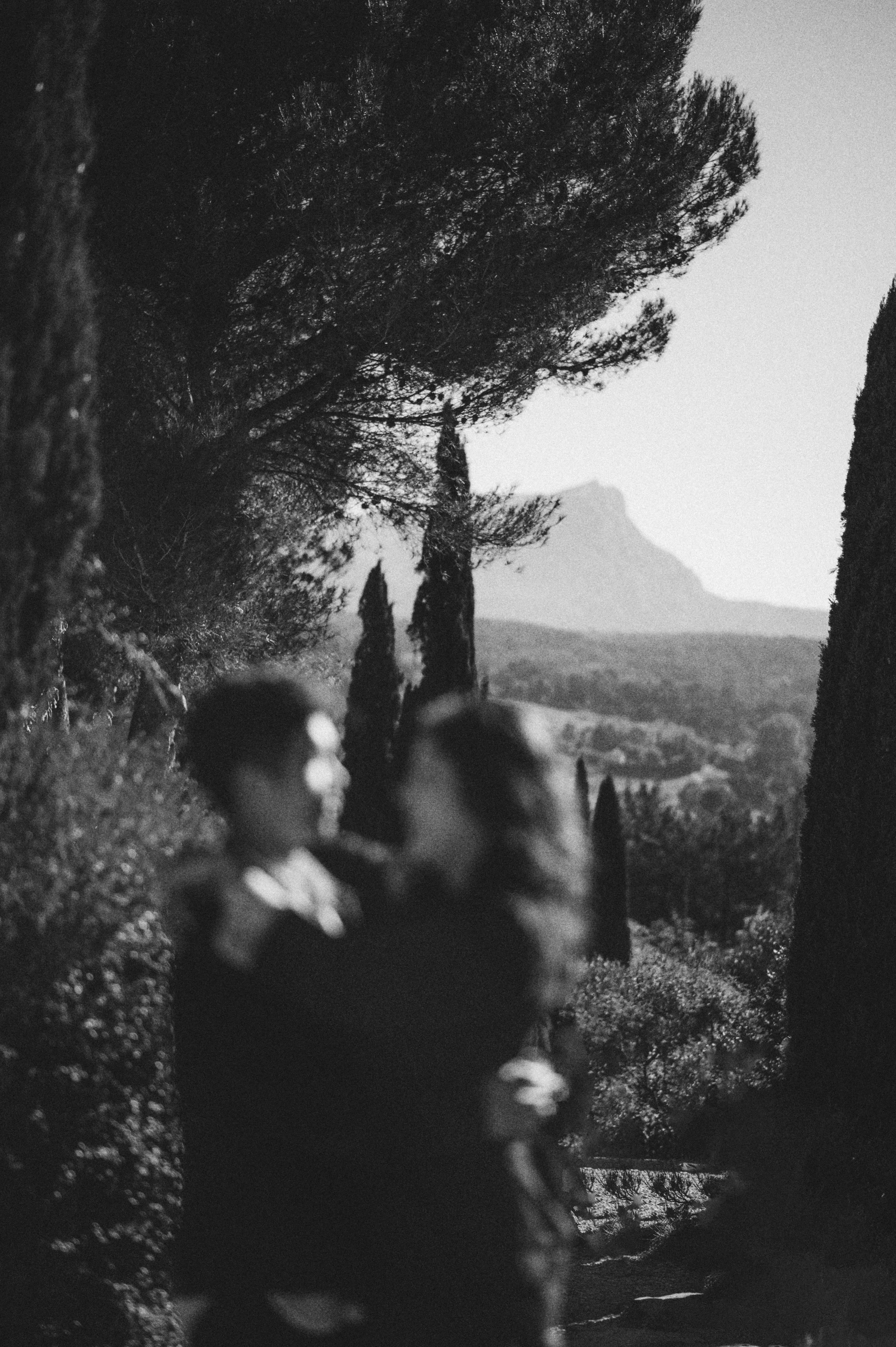 A blurred black-and-white photo of two people in an outdoor setting with trees and mountains in the background.