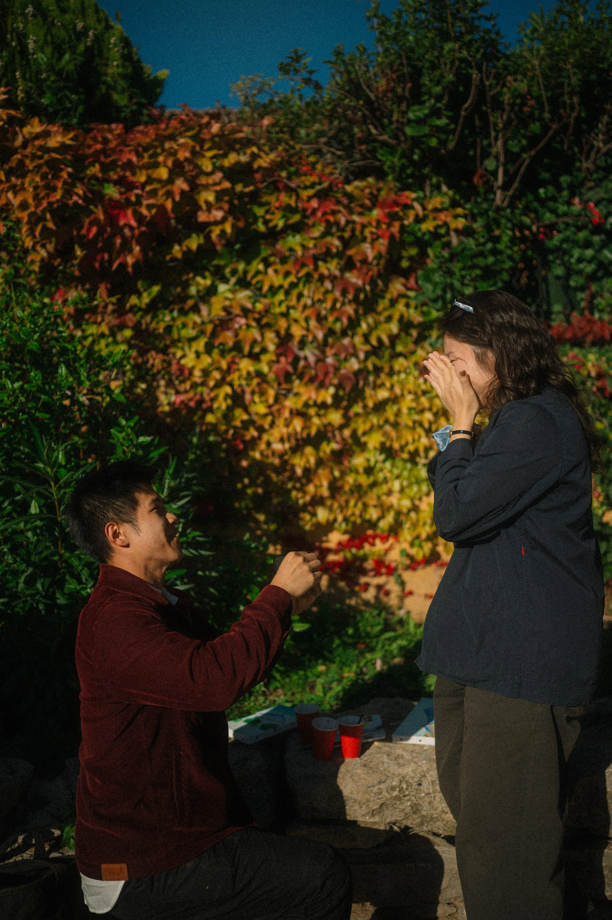 A young man proposes to a young woman outdoors at night. The woman is covering her face with her hands, smiling and surprised, while the man kneels with a ring in his hand. The background shows vibrant, colorful foliage and a blue sky.