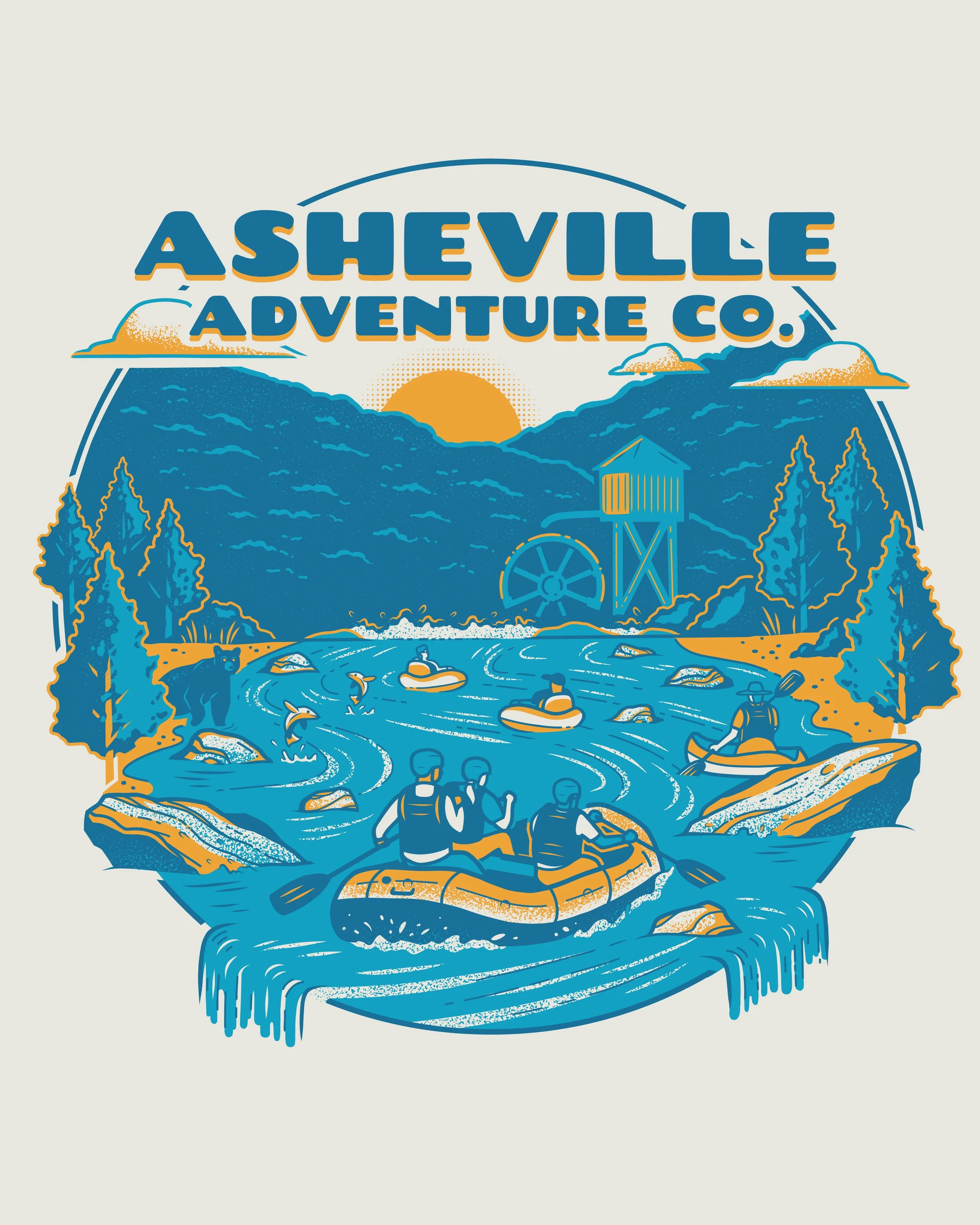 Illustration of outdoor adventure activities in Asheville, including people on a raft, kayaking, and tubing on a river surrounded by mountains, trees, and a setting sun.