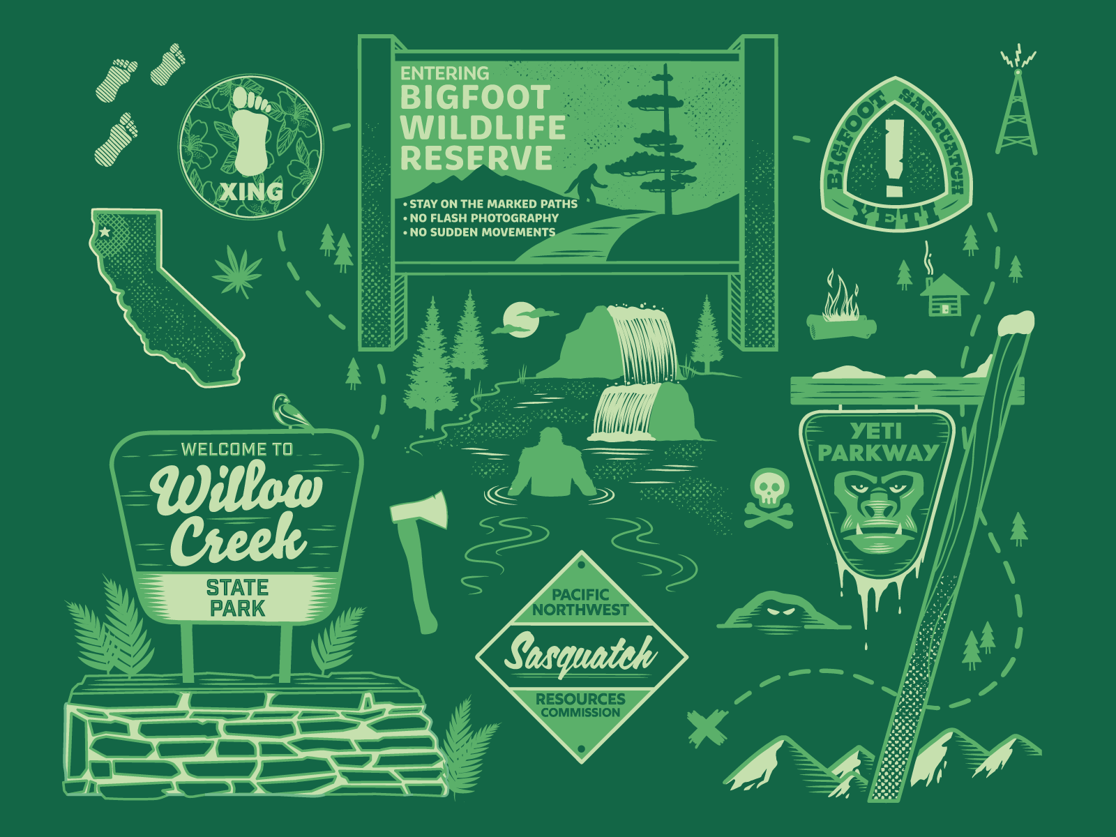 Illustrated map of Sasquatch territory highlighting Bigfoot wildlife reserve, Yeti parkway and various park elements, including waterfalls, trees, and signs.