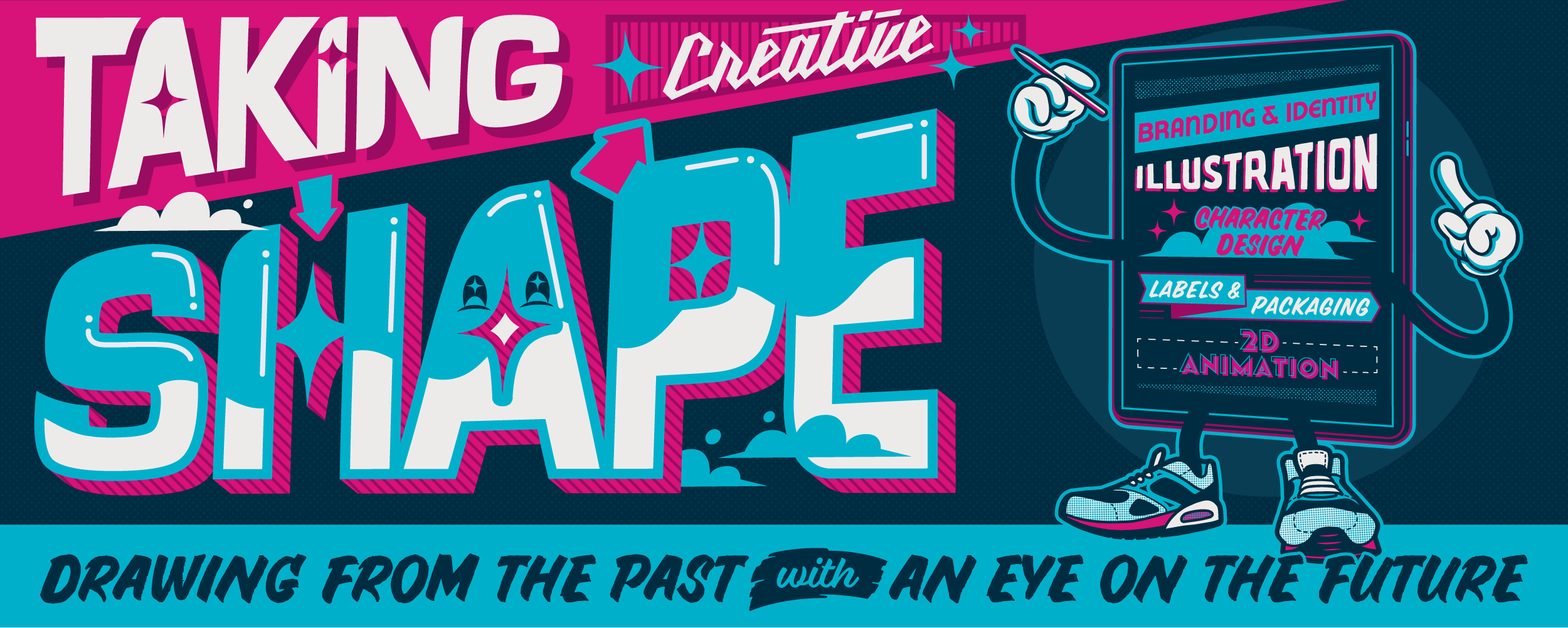 A colorful graphic design poster promoting creativity with bold text, cartoon character with a computer screen, and vibrant colors.