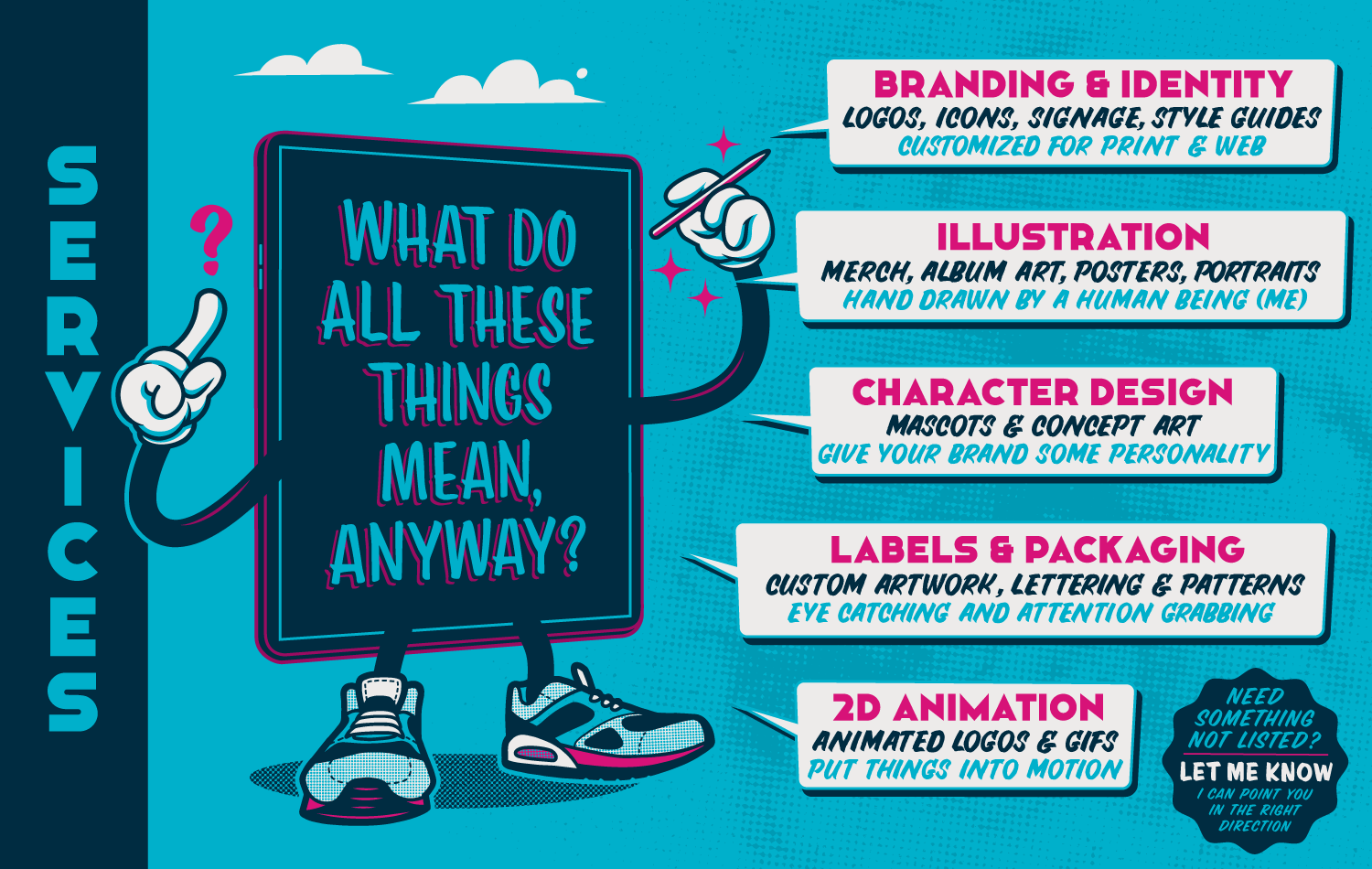 Infographic with a cartoon character resembling a smartphone with arms wearing sneakers, pointing to a list of creative services including branding and identity, illustration, character design, labels and packaging, and 2D animation. The background is blue with clouds and stars, and text in pink, black, and blue.
