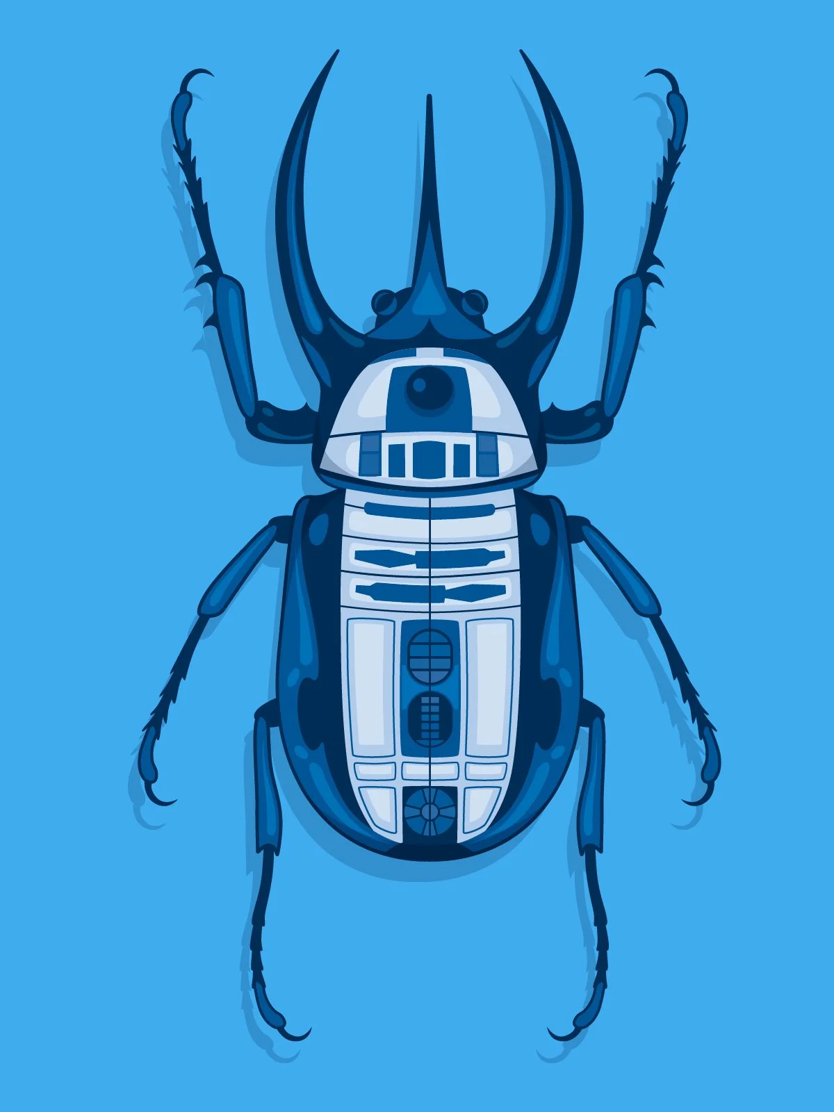 A stylized digital illustration of a beetle decorated with R2D2 Star Wars character with with shades of blue on a blue background.