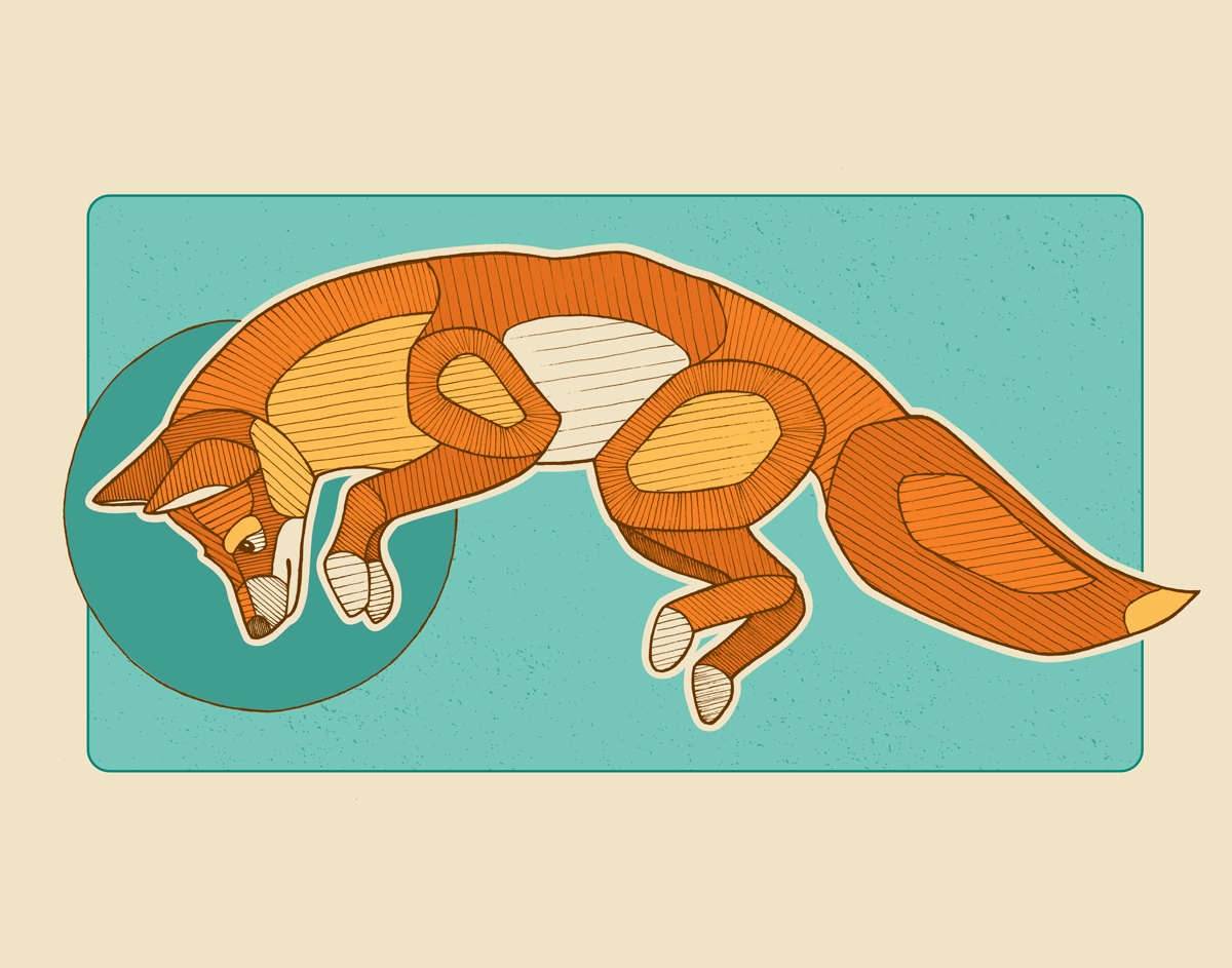 Illustration of a fox leaping against a teal blue background with a halo behind its head. The fox is depicted in a simplified, stylized manner with orange and white fur.