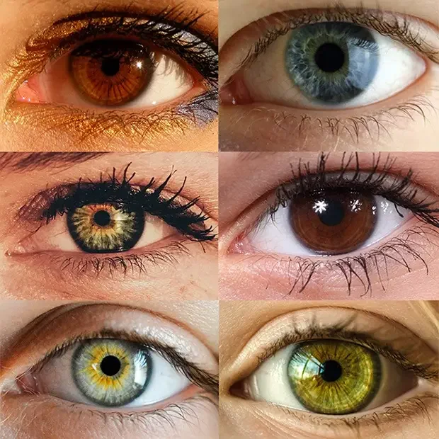 Close-up of six different human eyes, showcasing various eye colors and details.