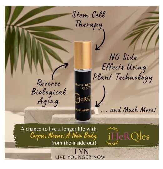 A promotional image for a skincare product called iHeRQules, highlighting its stem cell therapy, reverse biological aging, and plant technology benefits, with a green and beige background and palm leaves.