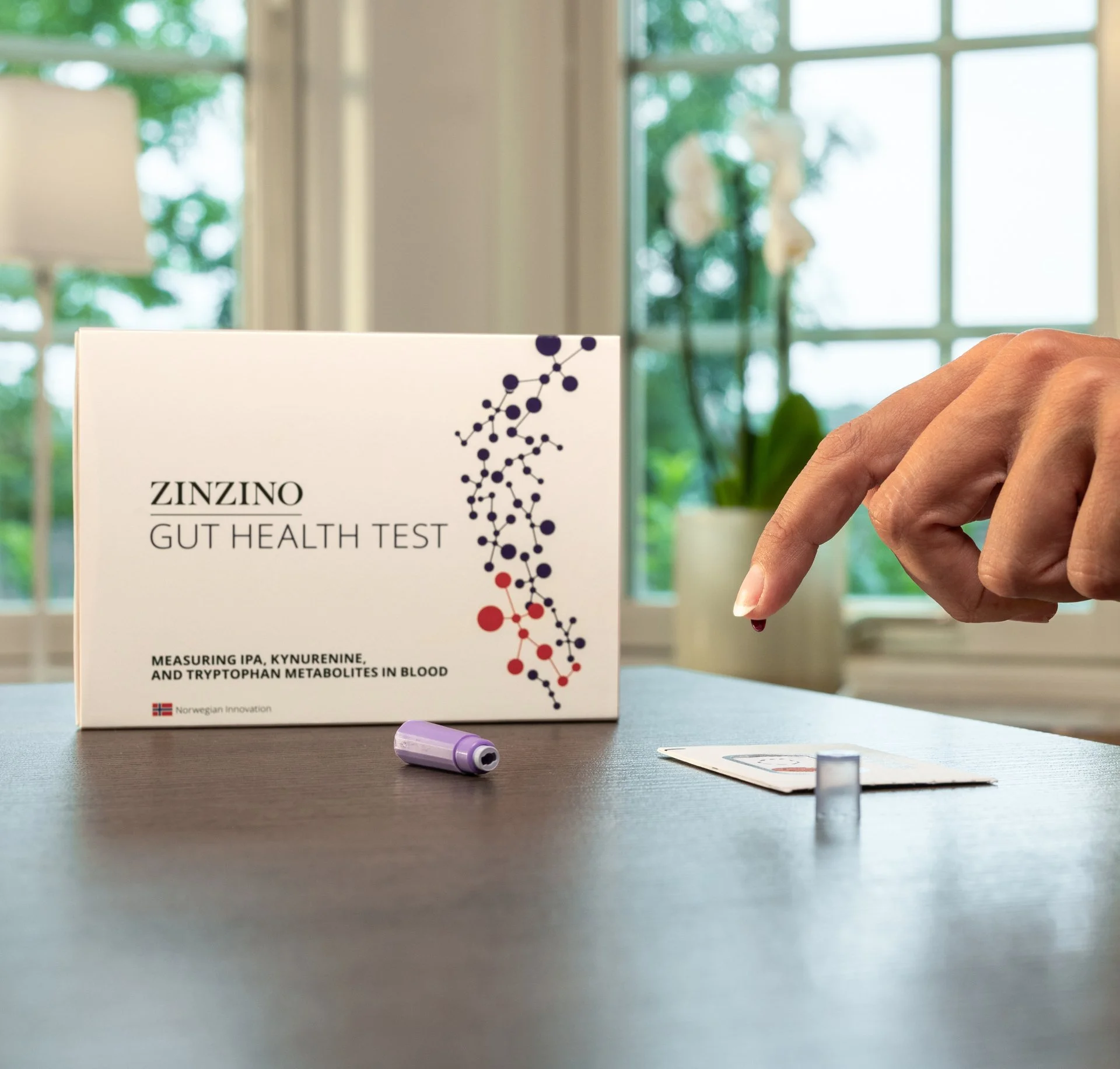 A box of Zinzino Gut Health Test with an illustration of a DNA strand on the front, placed on a table. There is a purple test tube on the table, and a hand holding a small object near the test tube. A window with green trees outside is in the background.