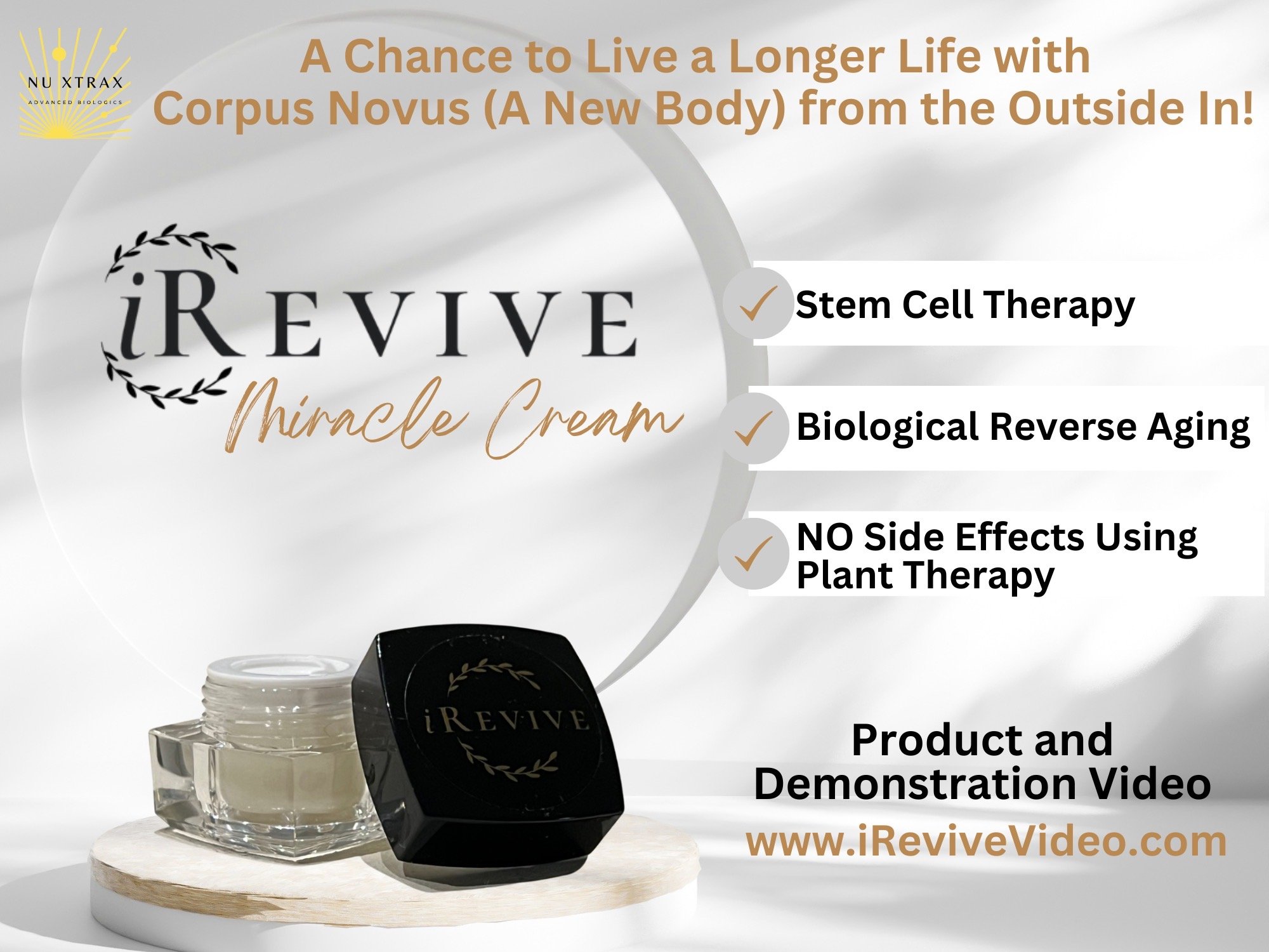 Promotional image for iRevive Miracle Cream products. The image features the product in a glass jar with a black lid and the iRevive logo. The background includes text highlighting benefits such as stem cell therapy, biological reverse aging, no side effects, and a link to www.iReviveVideo.com. There is also a small section of the product container above the main text.