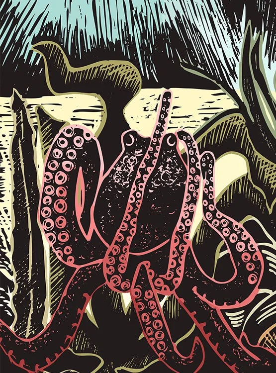 Repeating pattern of deer, trees, and grass on a light beige background