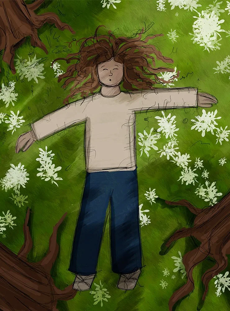 An illustration of a person with curly hair lying on their back on green grass surrounded by white flowers and tree roots, with arms outstretched and eyes closed.