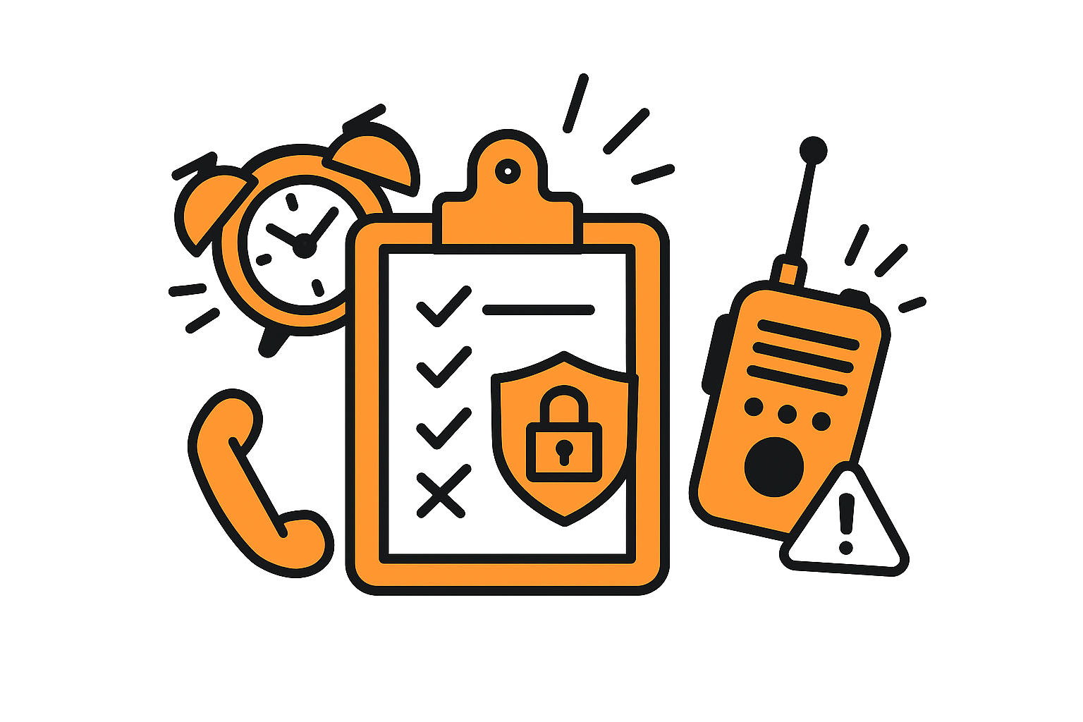 Security scheduling and sick-call automation illustration showing a clipboard, radio, and alarm clock symbolizing automated shift coverage for security guard teams.