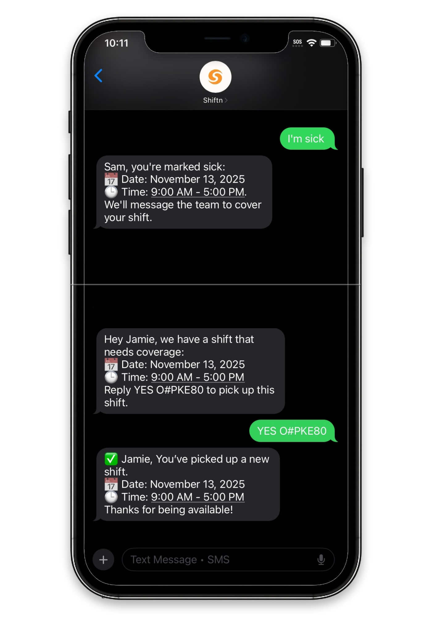 Employee texting sick and Shiftn automatically confirming shift coverage