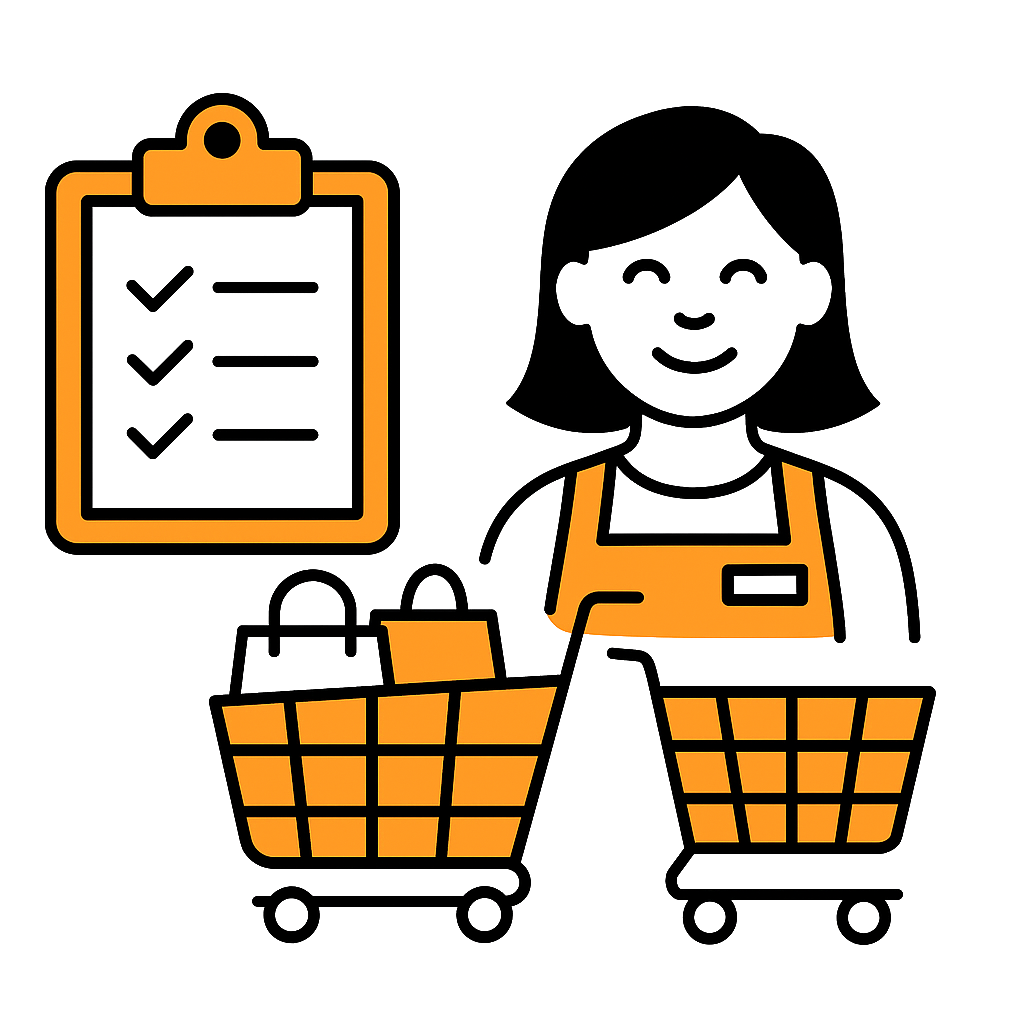 Illustration of a smiling retail worker wearing an apron beside two shopping carts filled with bags, with a clipboard checklist icon, drawn in a flat orange and black style.