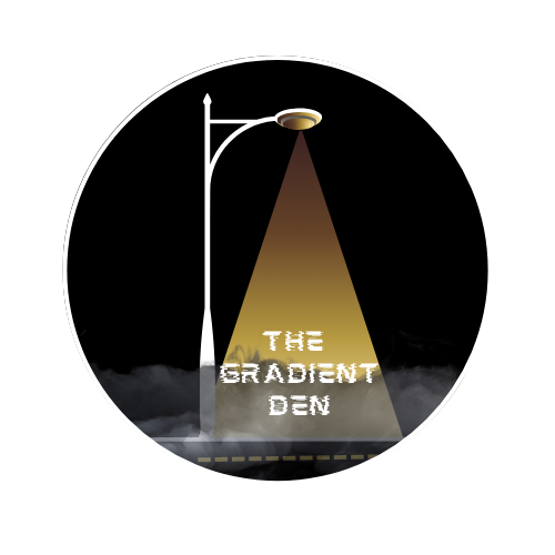 Illustration of a streetlamp casting a yellow light labeled 'The Gradient Den' on a foggy night with dark background and white circular border.