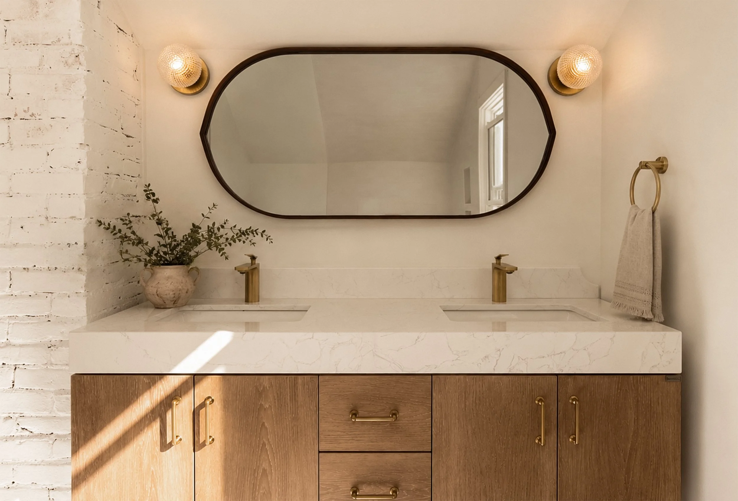 Bathroom vanity with a black-framed oval mirror, marble countertop, brass fixtures, a potted plant, wall sconces, a towel ring with a towel, and wooden cabinets.
