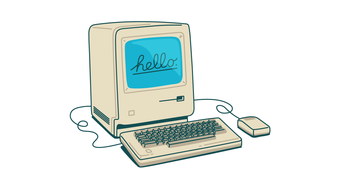 An illustration of an old beige computer with a monitor displaying the word 'hello', a keyboard, and a mouse.
