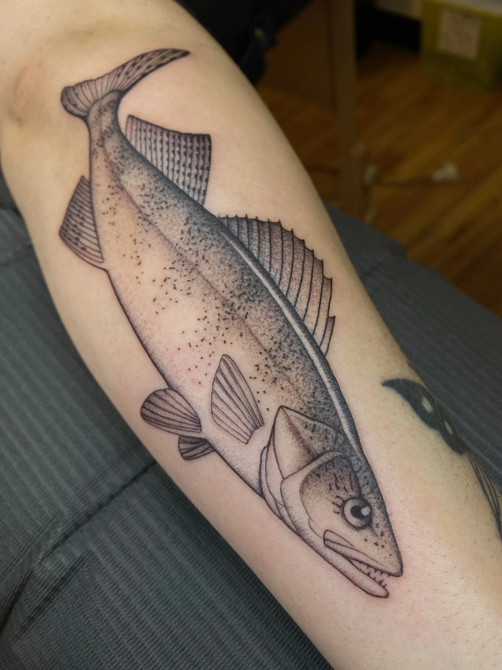 Tatouage d'un poisson réaliste avec des détails en pointillé sur la peau, puisant dans le style de tatouage en noir et gris.