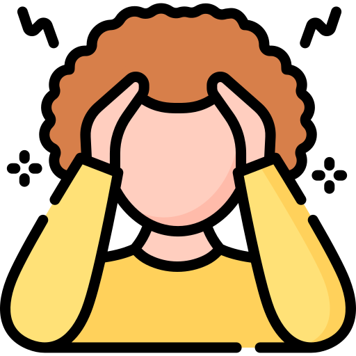 Illustration of a person with curly hair holding their hands to their head, face not visible.