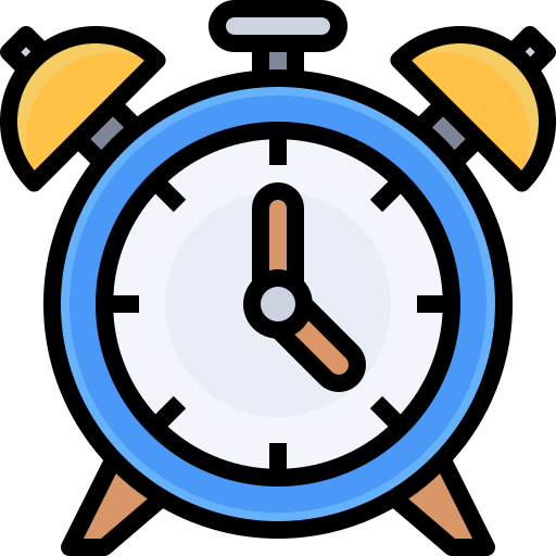 Cartoon illustration of an alarm clock showing 4:00 with a blue and yellow design.
