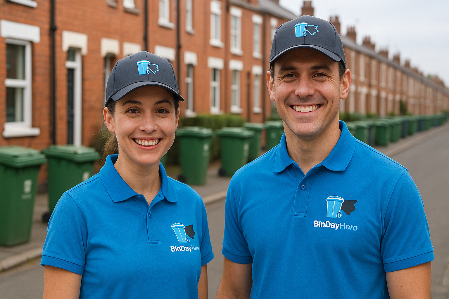 Two BinDayHero workers, a woman and a man, standing outdoors on a residential street with a row of green bins behind them. They are wearing blue shirts and navy caps with logo of a trash bin and a black flag, smiling at the camera.