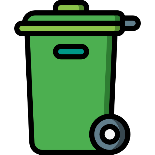 Illustration of a green trash can with a lid and wheels.