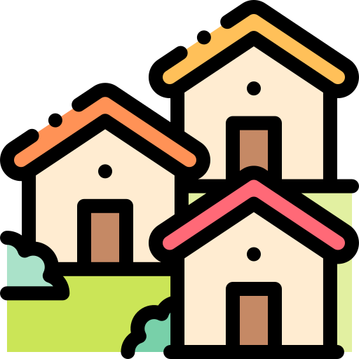 Illustration of three houses with colorful roofs on a grassy landscape.